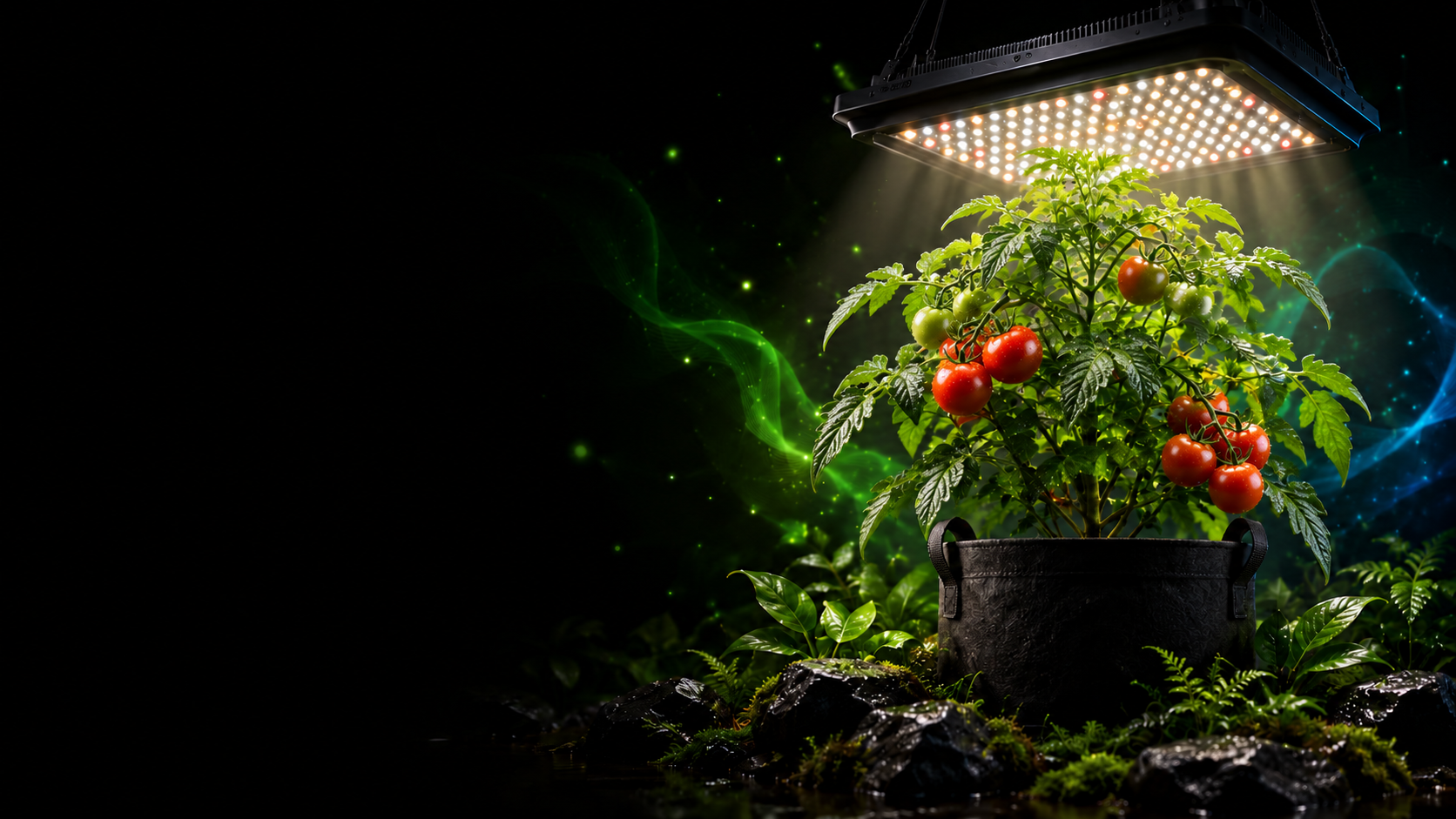 Fruiting tomato plant growing beneath a full-spectrum LED light