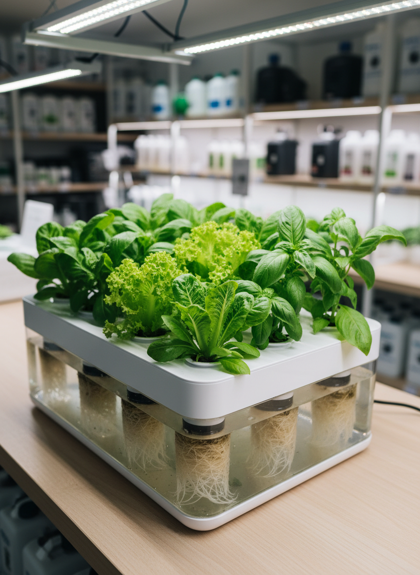 A close-up photographic view of a compact indoor hydroponic system displaying lush, healthy leafy greens. Crisp, vibrant lettuce and basil plants emerge from white net pots in a glossy, rectangular reservoir, roots clearly visible in the nutrient solution through a small transparent side panel. The system sits on a smooth, light wood counter inside a tidy hydroponics shop, with blurred shelves of equipment and nutrients in the background. Cool white LED grow lights above cast even, bright illumination, highlighting the rich green tones and subtle moisture on the leaves while creating soft, minimal shadows. Shot at a slightly elevated angle with shallow depth of field, the composition draws attention to plant health and system cleanliness. The mood is clean, scientific, and reassuring, conveying professional growing solutions in photographic realism.