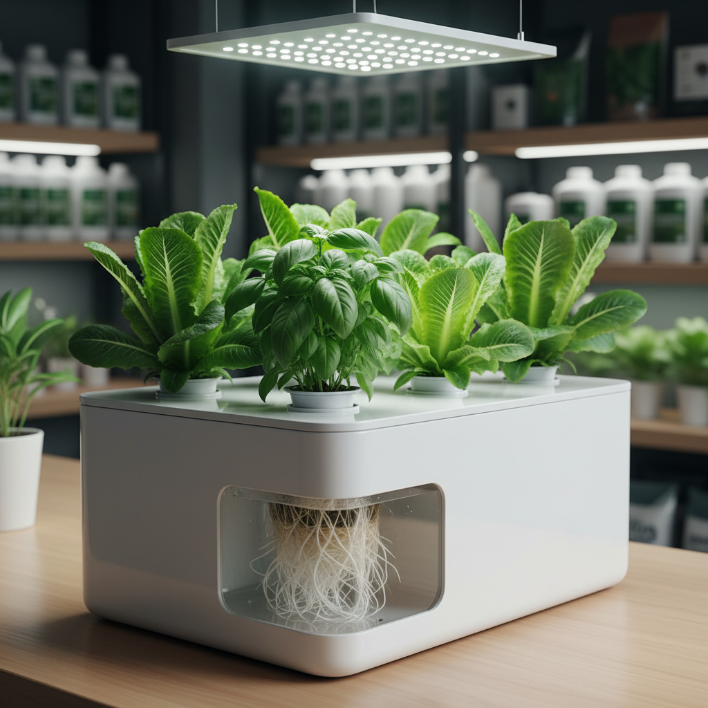 A close-up photographic view of a compact indoor hydroponic system displaying lush, healthy leafy greens. Crisp, vibrant lettuce and basil plants emerge from white net pots in a glossy, rectangular reservoir, roots clearly visible in the nutrient solution through a small transparent side panel. The system sits on a smooth, light wood counter inside a tidy hydroponics shop, with blurred shelves of equipment and nutrients in the background. Cool white LED grow lights above cast even, bright illumination, highlighting the rich green tones and subtle moisture on the leaves while creating soft, minimal shadows. Shot at a slightly elevated angle with shallow depth of field, the composition draws attention to plant health and system cleanliness. The mood is clean, scientific, and reassuring, conveying professional growing solutions in photographic realism.