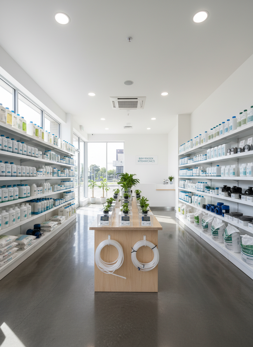 A bright, modern hydroponics retail store interior in Braybrook, photographed from the entrance at eye level. Clean white shelving lines both sides of a polished concrete floor, neatly displaying nutrient bottles, pH testers, pumps, air stones, and growing media bags with simple, non-branded labels. In the center, an organized island display features compact home grow kits and small reservoirs with tubing coiled tidily. Large glass windows at the front allow soft afternoon natural light to pour in, supplemented by discreet ceiling LEDs that create an even, professional illumination with minimal shadows. The atmosphere feels orderly, trustworthy, and welcoming, with clear walking paths between aisles. The composition uses a wide-angle lens with sharp focus throughout, emphasizing depth into the store and giving a comprehensive view of the layout in clean, photographic realism.