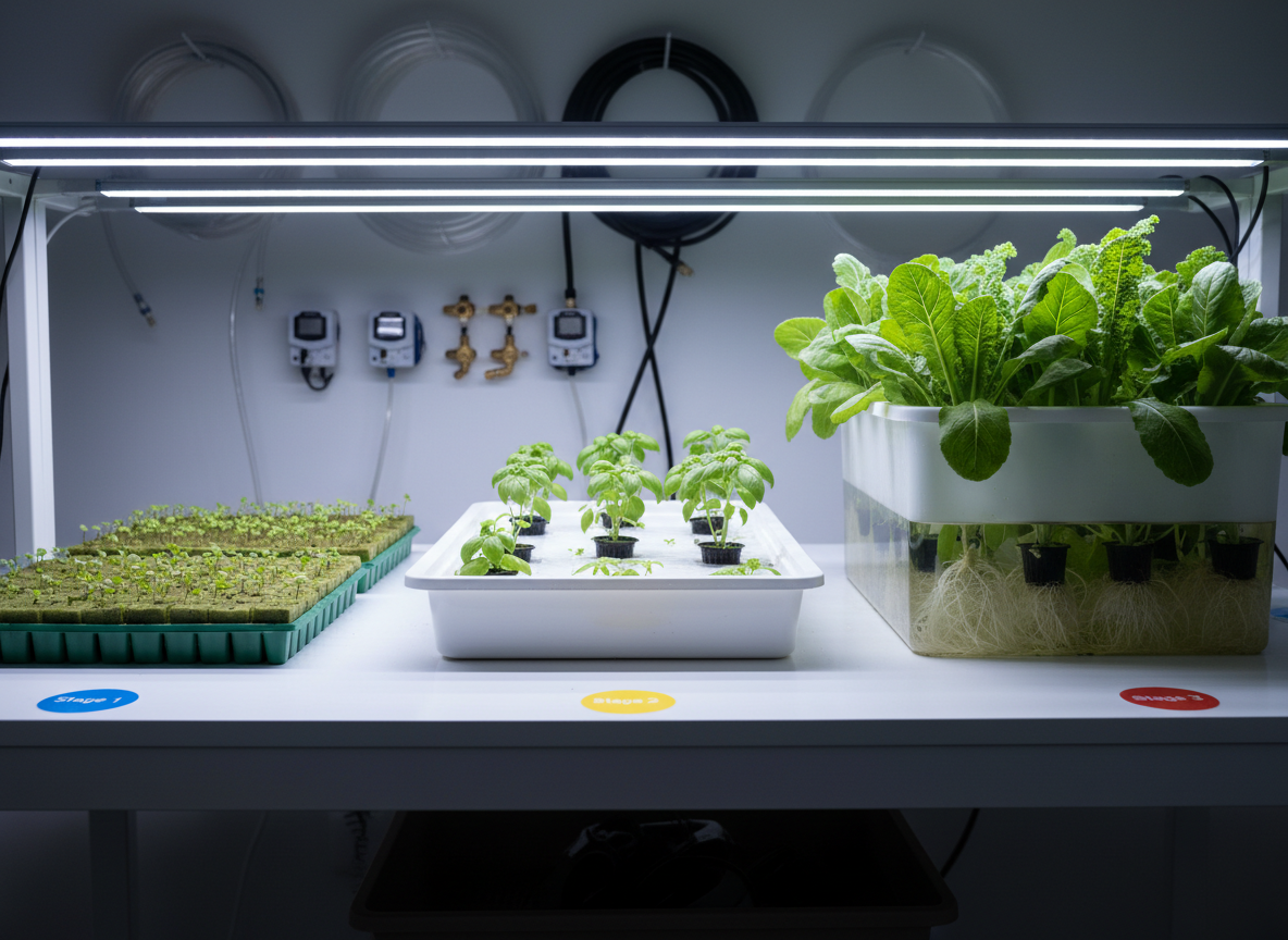 A detailed photographic scene of the “growing process” in a hydroponics store demo area, captured from a side perspective. On a long, matte white bench, three stages of plant development are arranged from left to right: seedling trays in rockwool cubes, young plants in net pots within a small NFT channel, and mature leafy greens in a deeper reservoir. Subtle labels on the bench use simple colored shapes instead of text. Overhead, slim LED bars emit cool, bright light, creating defined highlights on wet surfaces and gentle shadows beneath the channels. Behind, a softly blurred wall displays neatly hung hoses, timers, and fittings. The atmosphere is educational and methodical, with a balanced composition using rule of thirds and moderate depth of field to guide the eye along the progression of plant growth.